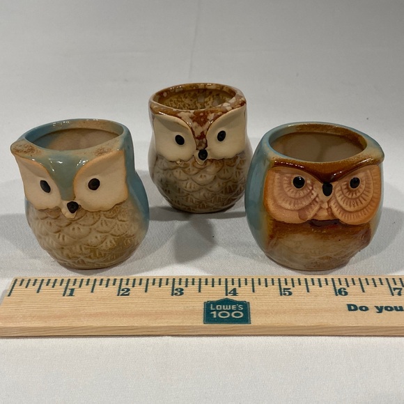 Set of 3 Mini Owl Ceramic Planters • Air Plant / Toothpick Holders - Picture 3 of 8